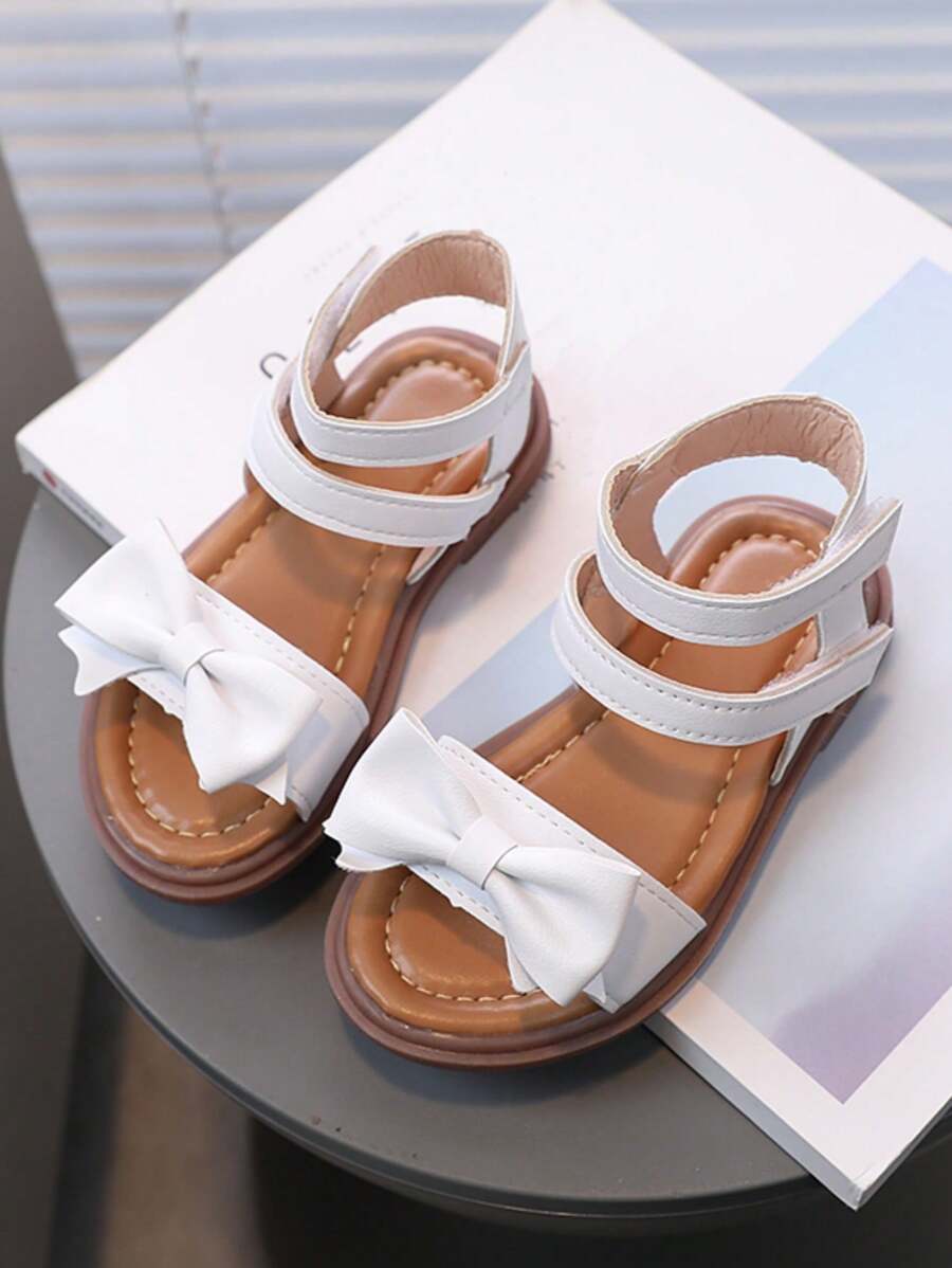 Nuevas sandalias planas para niñas con moño y nudo, zapatos cómodos estilo romano de princesa para niños pequeños y preescolares - Blanco - Ver 1