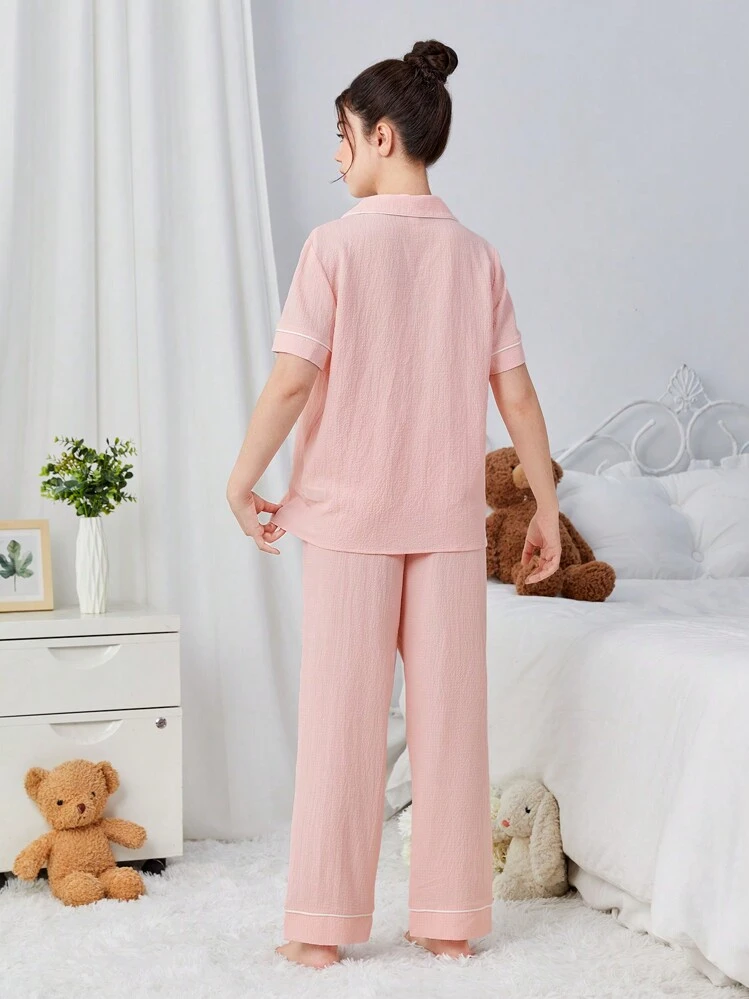 SHEIN Teen Girl Casual Butterfly Decoration Short Sleeve Top And Pants Bubble Wrinkle Homewear Set With Pockets - Baby Pink - View 2