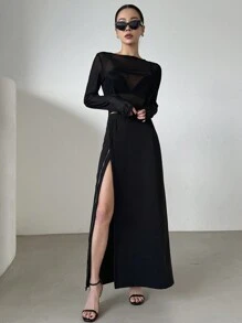 DAZY 纯色网眼圆领长袖上衣外出上衣夏季透视短款女式上衣 - 黑色 - 查看 7
