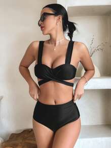 DAZY Women's Solid Color Criss-Cross Strap Bikini Set Summer Beach,Tankini Bathing Suit Vacation - Black - View 3