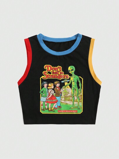 Stevenrhodes Top corto con elementi di contrasto grafica alieno e slogan "Street Life", adatto per la scuola