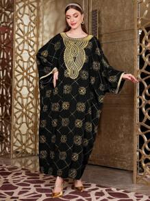 Layrah 刺绣细节圆领蝙蝠袖宽松卡夫坦长裙，优雅奢华晚会风格 - 黑色 - 查看 3