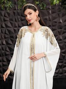 Al Najma Women's Embroidered Applique Batwing Sleeve Dress Kaftan Jalabiya Dress - White - View 7