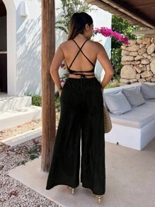 SHEIN SXY Solid Color Pleated Crop Top With Wide Leg Pants - Black - View 2