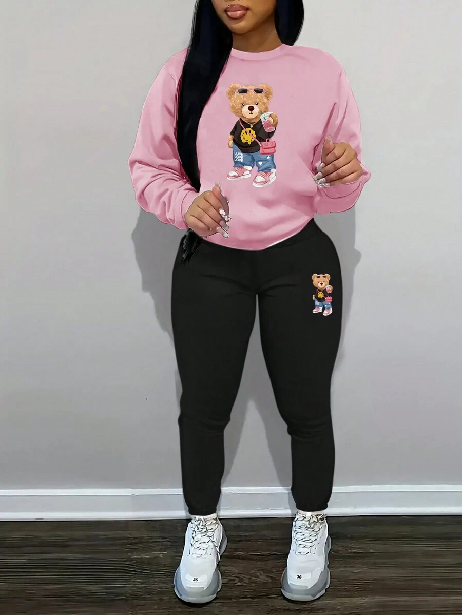 SHEIN 女式熊圖案印花圓領長袖運動連帽衣和運動長褲套裝 - 粉色 - 查看 1