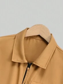 Manfinity Homme Nam Màu thuần Mặt trước Zip Ngắn tay Áo liền quần - Màu Khaki - Xem 6