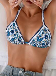SHEIN Swim 女士夏季沙灘花卉印花彩色對比邊框比基尼上衣 - 彩色 - 查看 3