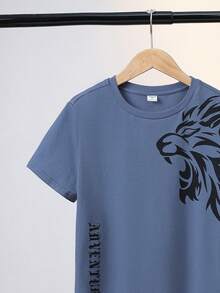 2pcs Tween Boy Summer Loose Casual Lion Graphic T-Shirt And Shorts Knit Loungewear Set - Dusty Blue - View 5