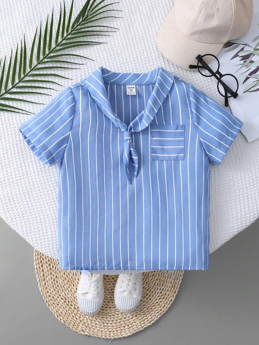SHEIN 男孩休閒短袖編織領帶條紋襯衫 - 藍色 - 查看 1