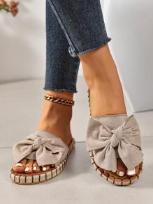 緞帶蝴蝶裝飾平底涼鞋,女士草繩底海灘平底涼鞋 - 杏色 - 查看 1