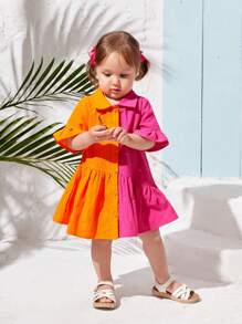 SHEIN Zomervakantie voor babymeisjes met colorblock-jurk met ruches aan de zoom en uitlopende mouwen
