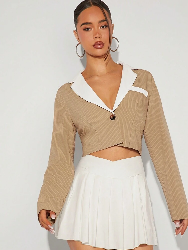 Fashion Contrast Lapel Neck Pinstripe Crop Blazer