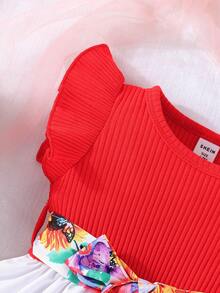 Bebé Niña Vestido Evasé Con Estampado Floral Y De Mariposas, Manga Corta Y Cuello Redondo - Multicolor - Ver 4