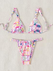 Swim Mod Summer Beach Women's Coconut Tree & Fruit Printed Bikini Set - Pink - View 3