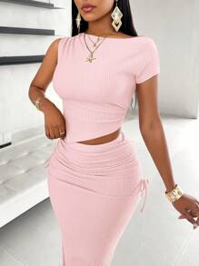AIJ Amarilo Women Summer Elegant One-Shoulder Ruched Asymmetric Hem Top And Fish Tail Skirt Set Pink - Pink - View 6