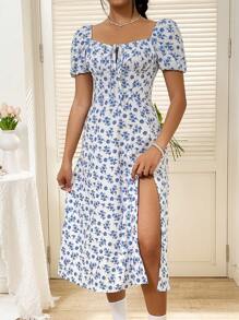 SHEIN Unity 女式高开叉花卉印花休闲度假风铃草连衣裙，适合春夏季长款女装 - 彩色 - 查看 1