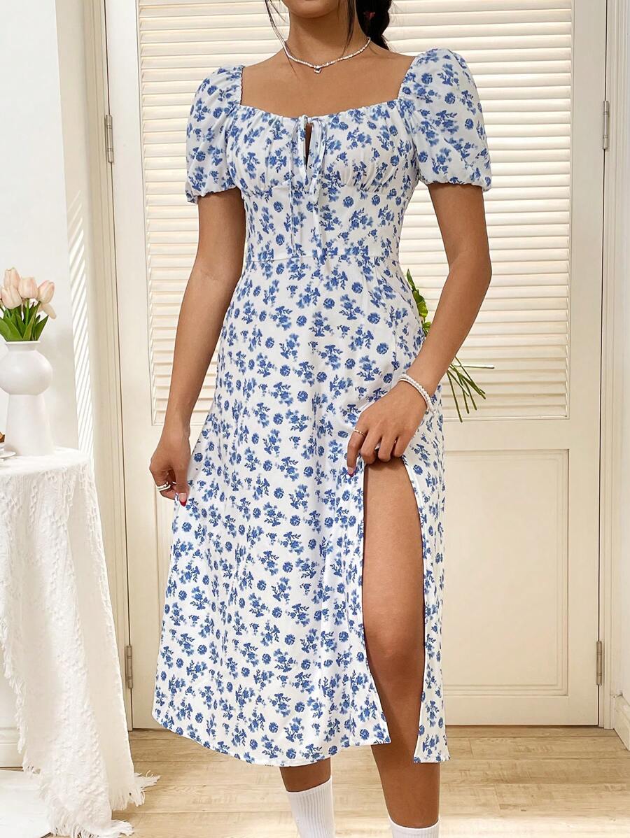 SHEIN Unity 女式高开叉花卉印花休闲度假风铃草连衣裙，适合春夏季长款女装 - 彩色 - 查看 1