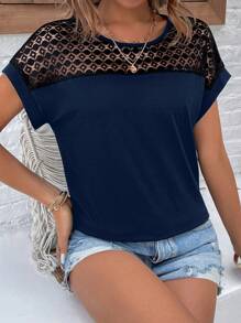 EMERY ROSE Women's Round Neck Lace Patchwork T-Shirt Graphic Tees Women Tops - Navy Blue - View 4