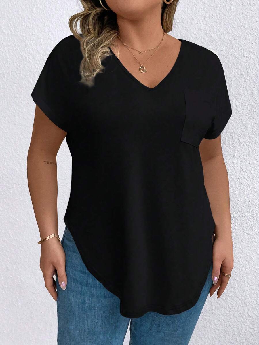 EMERY ROSE Plus Size Solid Color V-Neck Short Sleeve Casual T-Shirt