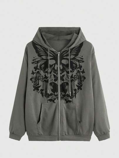 Fairycore Butterfly Print Zip Up Drop Shoulder Drawstring Hoodie, School