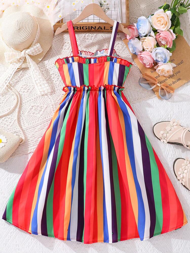 Tween Girls' Striped Dress With Floral Applique In Spring/Summer