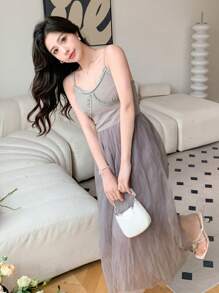 DAZY 网纱拼接无袖连衣裙，休闲女装 - 淺灰色 - 查看 3