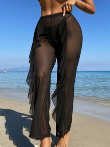 Breezaya Summer Beach Solid Color Ruffled Decor Loose Fit Pants Cover Up - Black - View 4