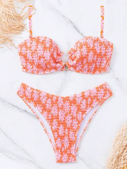Bikini à imprimé floral froncé
