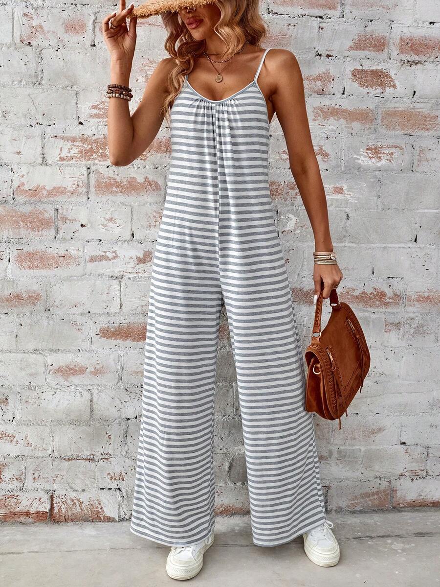 SHEIN LUNE Kích thước lớn Của phụ nữ Giải trí Màu xám & Trắng Sọc Áo liền quần - Đen và trắng - Xem 1