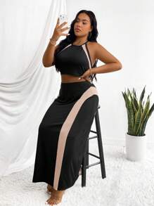 Maweii Plus Size Mesh Contrast Color-Contrast Two-Piece Set - Black - View 5
