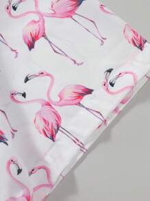 Men's Pink Flamingo Print Short Sleeve Shirt - Red and White - View 4