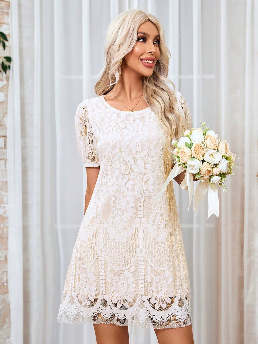 SHEIN Clasi Vestido De Encaje De Manga Corta Con Cuello Redondo Para Mujer, Para Bodas - Blanco - Ver 1