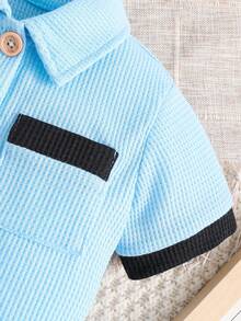 Conjunto De Camisa De Manga Corta Con Cuello De Cuadros Estilo Elegante De Caballero Para Niño Y Shorts Con Diseño De Bloque De Color - Multicolor - Ver 4