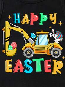 嬰兒男童情趣復活節拖拉機&兔子&字母印花無袖背心,適合夏季 - 黑色 - 查看 3