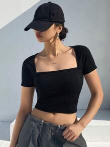 DAZY Women's Solid Square Neck Short Sleeve Cropped T-Shirt