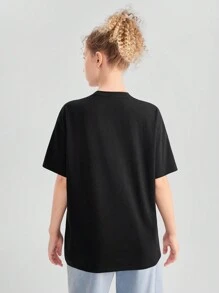 SHEIN Teen Girl Street Style Printed Round Neck Loose Fit Casual Short Sleeve T-Shirt - Black - View 2