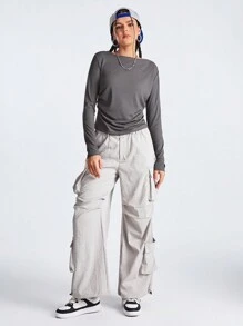 SHEIN Sports Solid Color Boat Neck Sport T-Shirt With Pleats