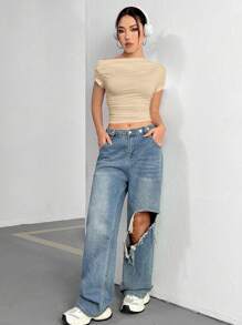SHEIN Unity Solid Color Asymmetric Neckline Short Cropped T-Shirt With Pleats - Apricot - View 6