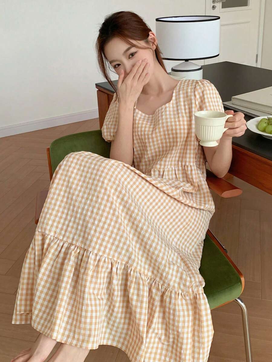 DAZY 女士格紋甜心領短氣泡袖睡衣裙 - 黃色 - 查看 1