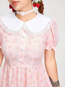 ROMWE Kawaii 夏季甜美拼布彼得潘领泡泡袖碎花连衣裙