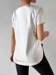 SHEIN Privé Camiseta Plateada Con Cuello Redondo Para Mujer - Plateado - Ver 2