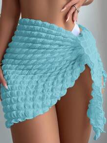 SHEIN Swim Ladies' Solid Color Textured Tie Front Wrap Cover Up Shirt, For Vacation, Summer Beach - Baby Blue - View 1