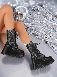 ROMWE Goth Nuevas Botas De Tacón Alto De Plataforma De Encaje De Media Pantorrilla Con Cordones De Araña Góticos Punk Oscuros Para Mujer En Primavera Y Otoño De 2024 - Negro - Ver 6