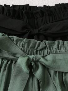 Plivvot 2pcs/Set Solid Color Casual Work & Vacation High Waist Paper Bag Tie Front Shorts - Multicolor - View 6