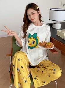 DAZY 可爱卡通印花宽松白色上衣和裤子睡衣套装夏季 - 白色 - 查看 5