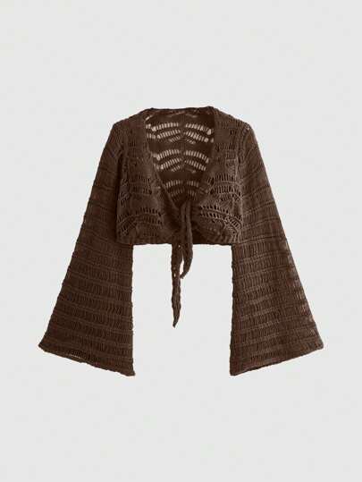 Fairycore Plus Size Summer Beach Hollow Out Tie Front Crochet Cardigan, School, For Winter