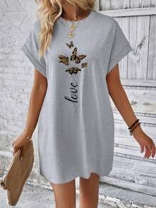 INAWLY 女士短袖蝴蝶＆字母印花蝙蝠袖連衣裙 - 灰色 - 查看 5