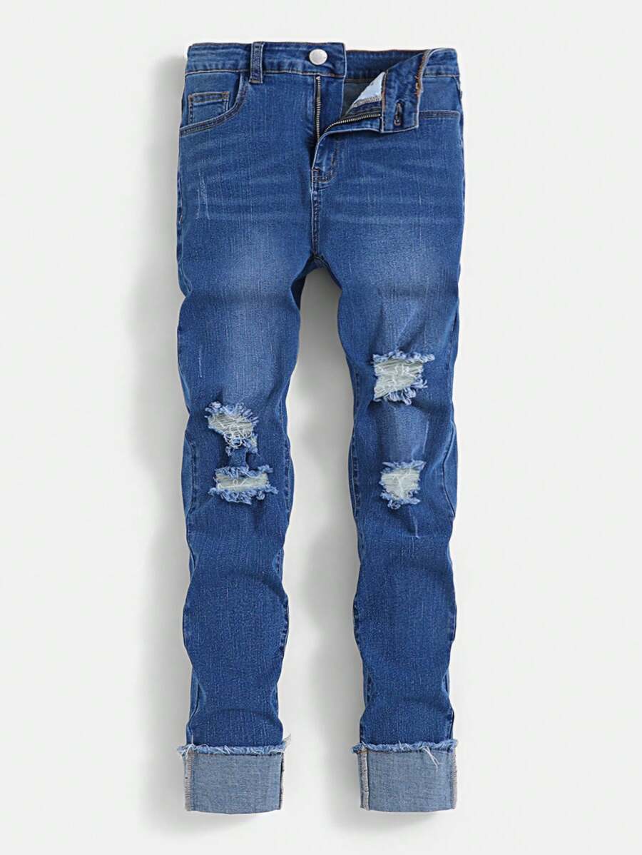 SHEIN Teen Boy Ripped Frayed Washed Blue Denim Jeans, For Spring And Summer Outfits - Dark Wash - View 1