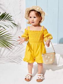 SHEIN 寶寶女孩褶皺荷邊連體褲 - 黃色 - 查看 3