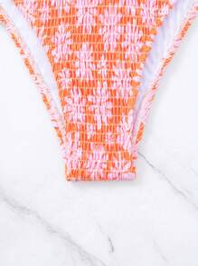 Swim Mod Summer Beach Floral Print Smocked Bikini Set - Orange - View 4